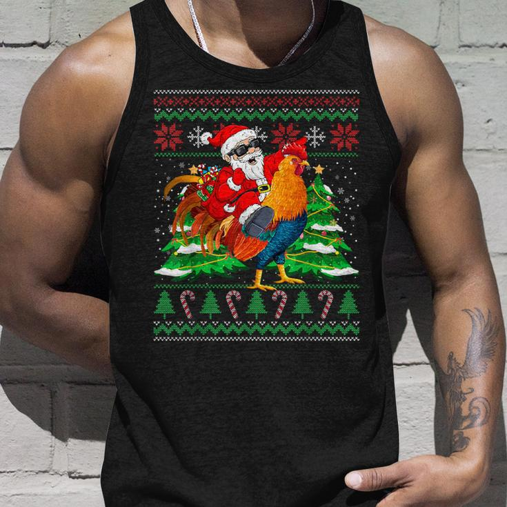Santa With Rooster Christmas Tree Farmer Ugly Xmas Sweater Tank Top Gifts for Him