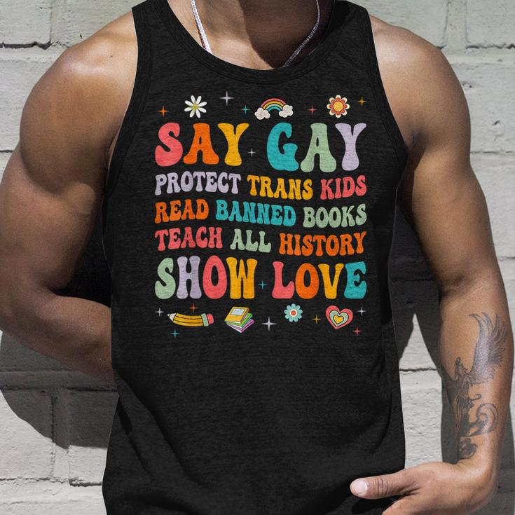 Say Gay Protect Trans Kids Read Banned Books Lgbt Groovy Unisex Tank Top Gifts for Him