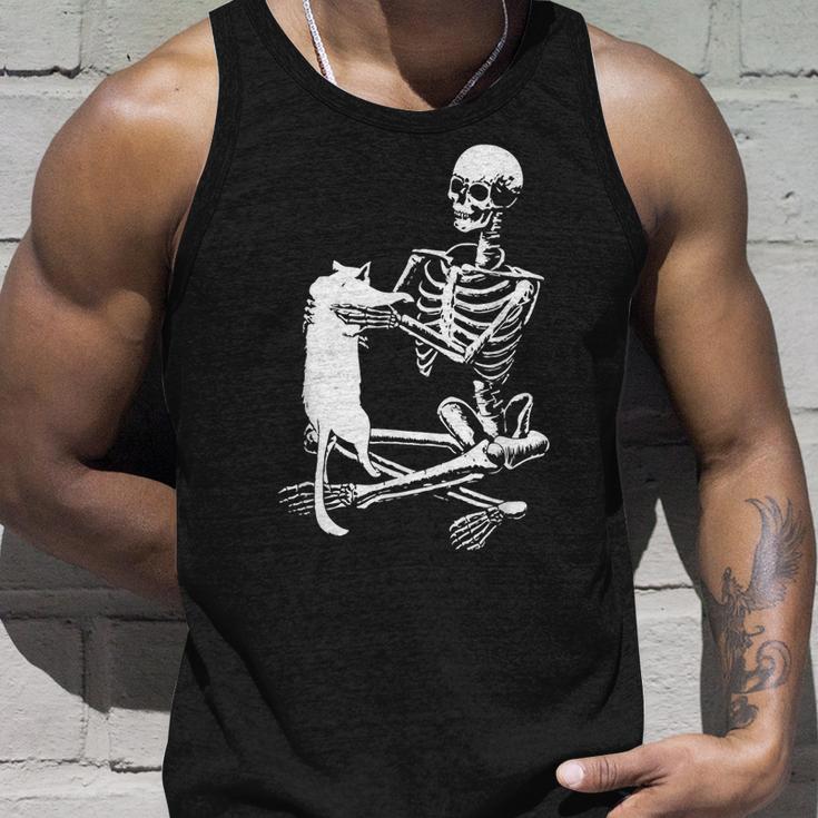 Skeleton Holding A Cat Lazy Halloween Costume Skull Unisex Tank Top Gifts for Him