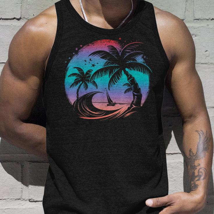 Tropical Palm Trees With Sailboat Beach Island Sunset Unisex Tank Top Gifts for Him