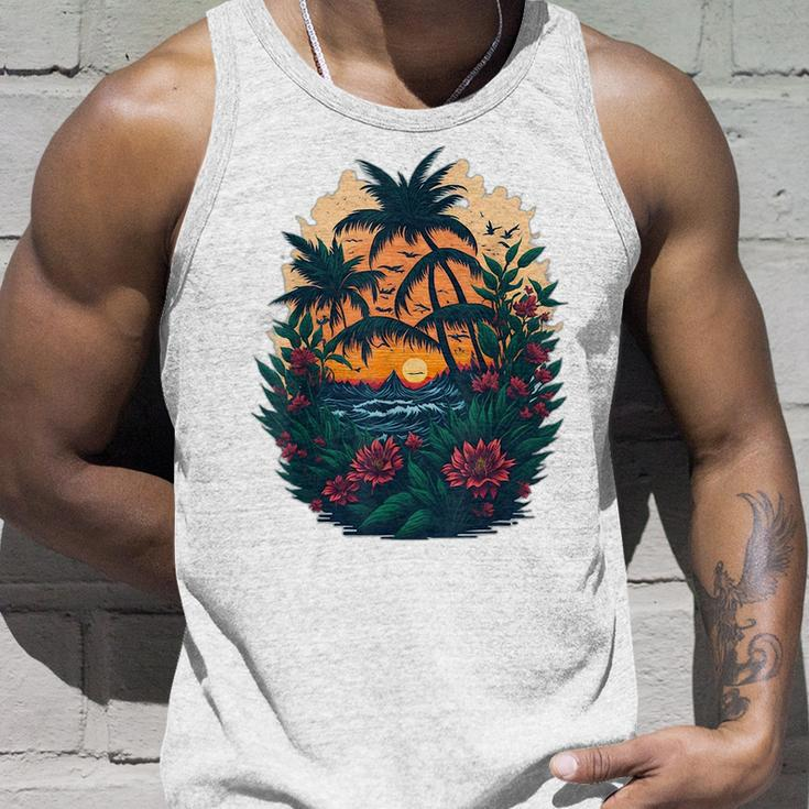 Cute Mountain Sunset Palm Trees Ocean Graphic Unisex Tank Top Gifts for Him