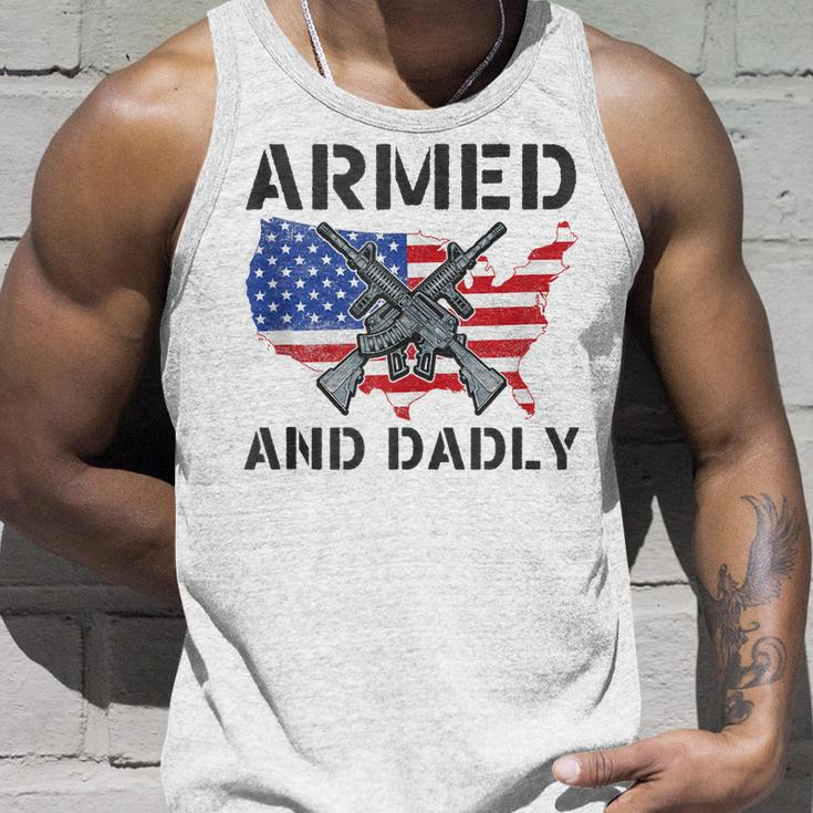 Funny Fathers Day Pun Us Flag Deadly Dad Armed And Dadly Unisex Tank Top Gifts for Him
