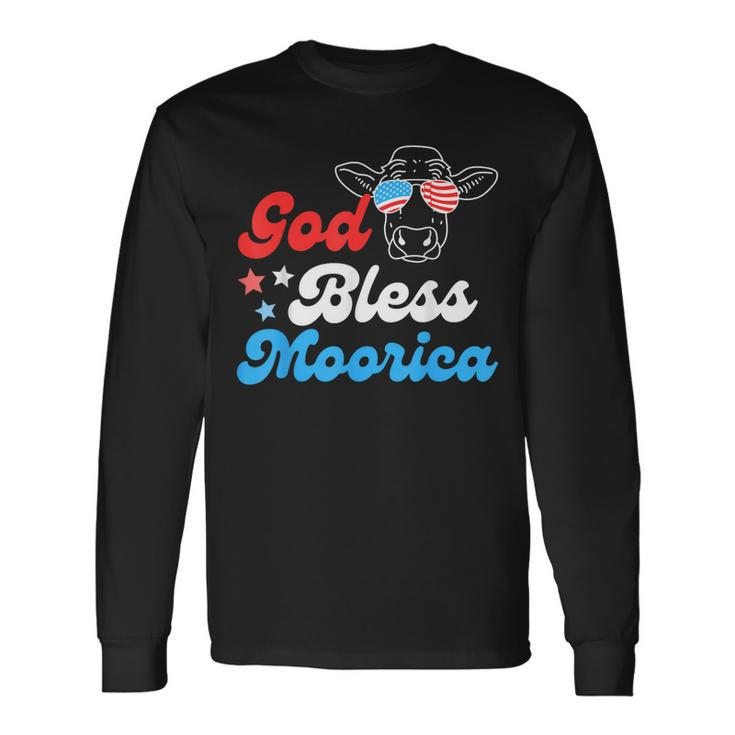 4Th Of July Cow With American Flag Glasses God Bless Moorica Long Sleeve T-Shirt