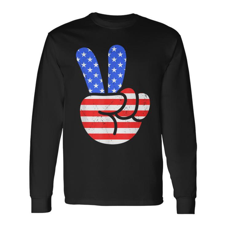 4Th Of July Peace Hand Vintage American Flag Patriotic Usa Long Sleeve T-Shirt T-Shirt