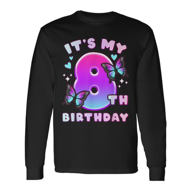 8Th Birthday Girl 8 Years Butterflies And Number 8 Long Sleeve T-Shirt