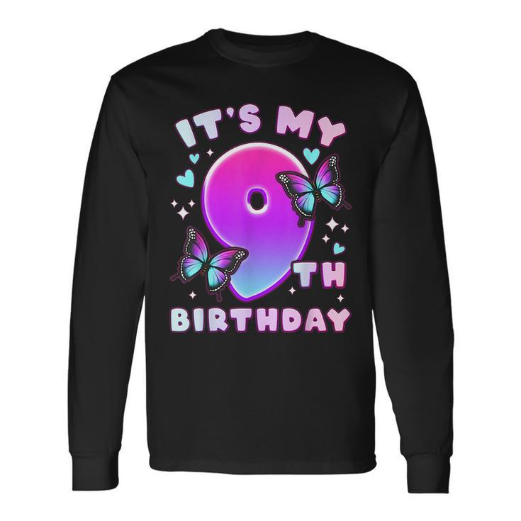 9Th Birthday Girl 9 Years Butterflies And Number 9 Long Sleeve T-Shirt