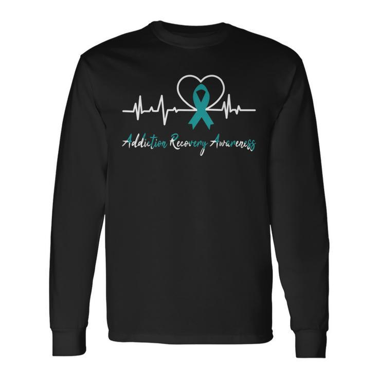 Addiction Recovery Awareness Heartbeat Teal Ribbon Support Long Sleeve