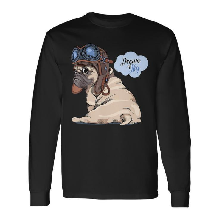 Adorable Beige Puppy Pug In Pilot He Long Sleeve T-Shirt