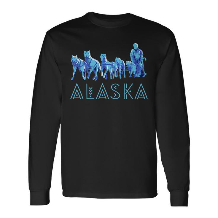 Alaska Sled Dogs Mushing Team Snow Sledding Mountain Scene Long Sleeve T-Shirt