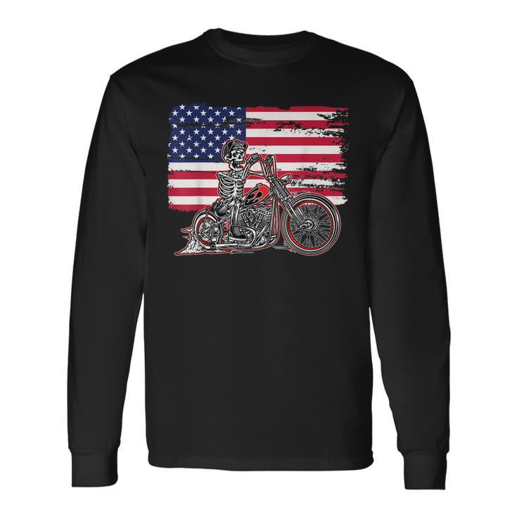 American Flag Motorcycle Skeleton Biker Bobber Chopper Rider Long Sleeve T-Shirt T-Shirt