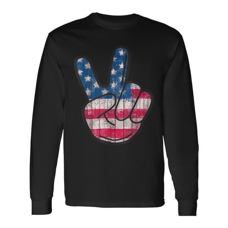 American Flag Peace Sign Hand 4Th Fourth Of July Long Sleeve T-Shirt