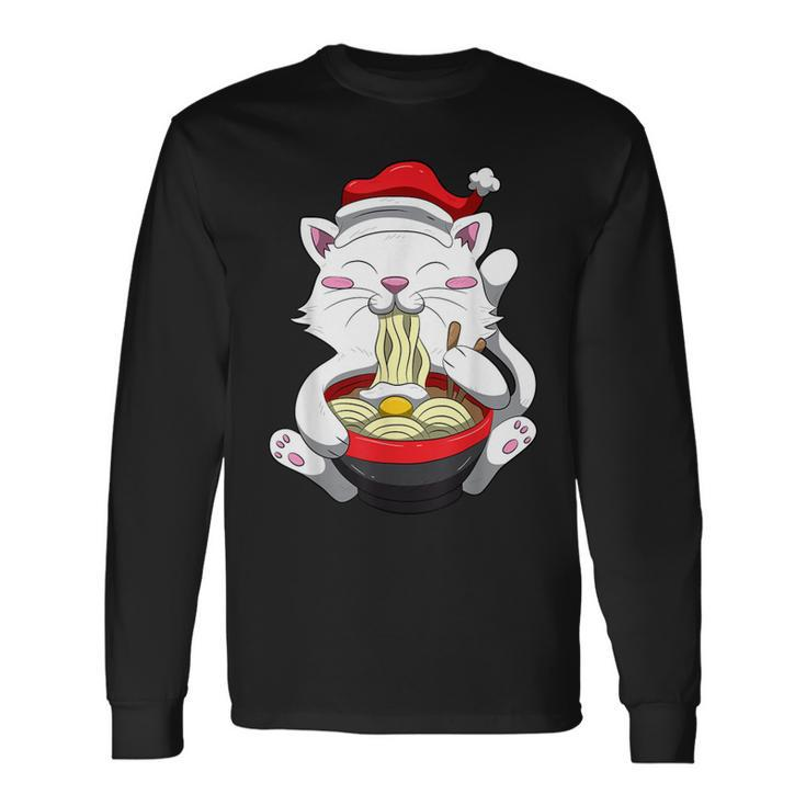 Anime Cat With Santa Hat Cute Kitten Ramen Christmas Season Long Sleeve T-Shirt