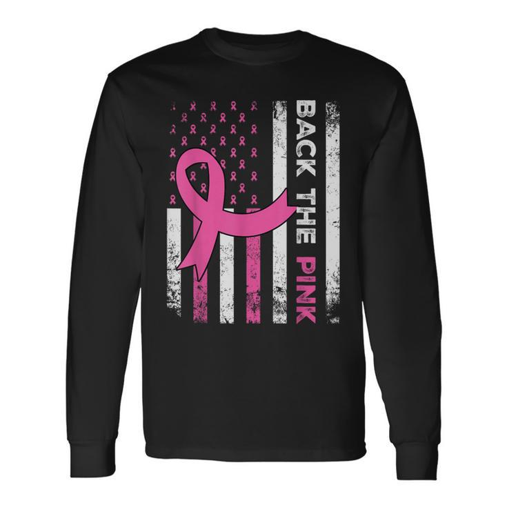 Back The Pink Ribbon American Flag Breast Cancer Awareness Long Sleeve T-Shirt