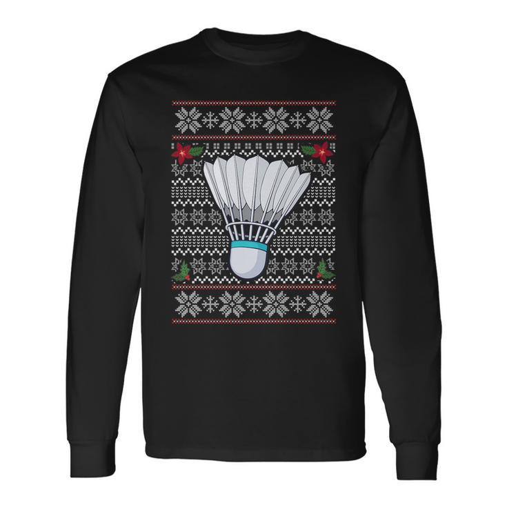 Badminton Ugly Christmas Sweater Santa Hat Sport Fan Xmas Long Sleeve T-Shirt