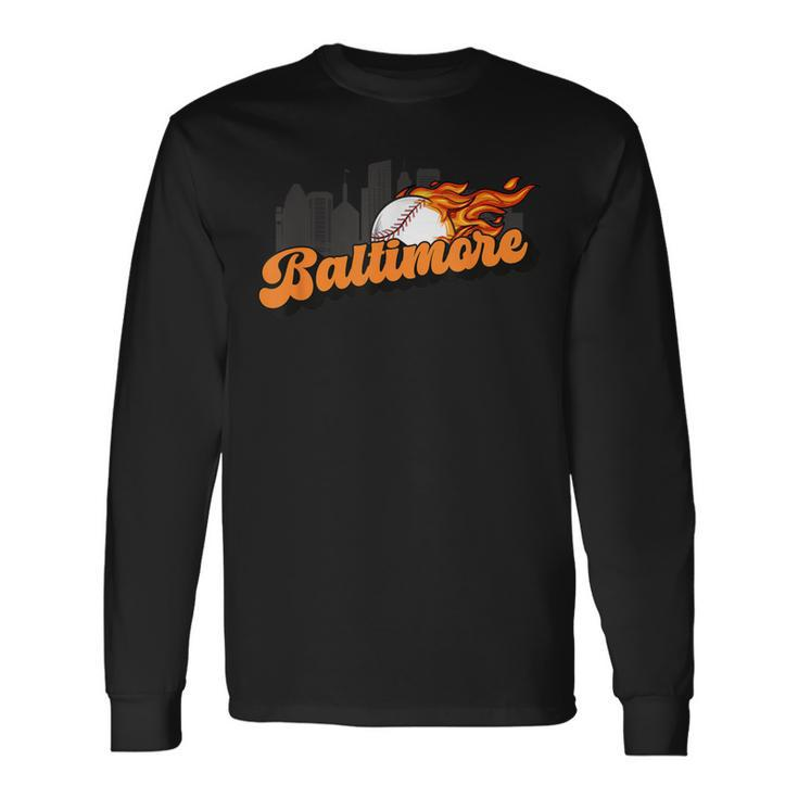 Baltimore Baseball Vintage City Skyline Retro Baseball Lover Long Sleeve Gifts ideas