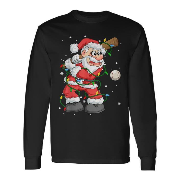 Baseball Santa Claus Christmas Tree Lights Pajama Boys Long Sleeve T-Shirt