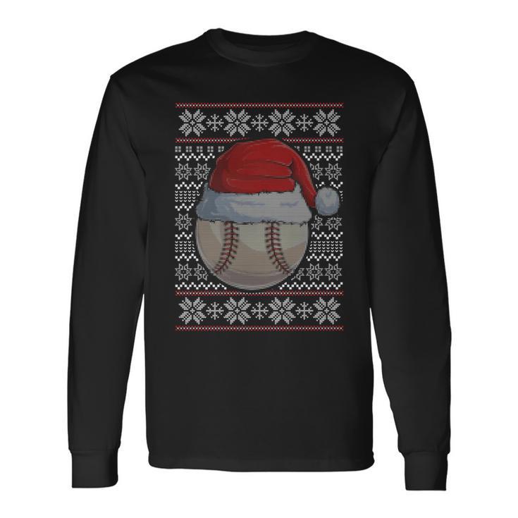 Baseball Ugly Christmas Sweater Santa Hat Sport Fan Xmas Long Sleeve T-Shirt