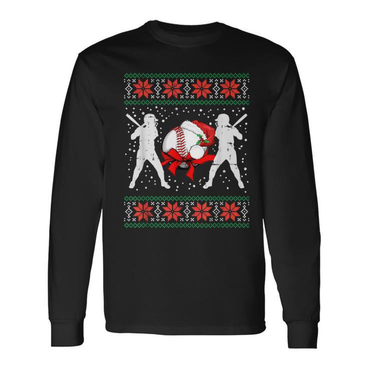 Baseball Ugly Christmas Sweater Softball Batter Hitter Long Sleeve T-Shirt