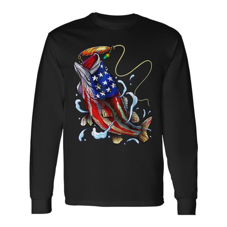 Bass Fishing Fish American Flag Dad Father Fourth Of July Long Sleeve T-Shirt T-Shirt