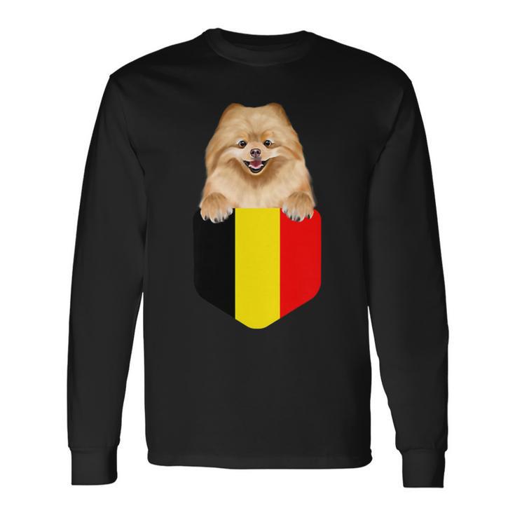 Belgium Flag Pomeranian Dog In Pocket Long Sleeve T-Shirt