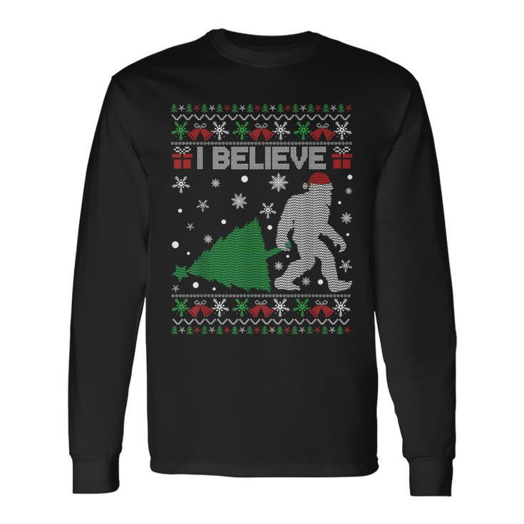 I Believe Big Foot Sasquatch Ugly Christmas Holiday Long Sleeve T-Shirt