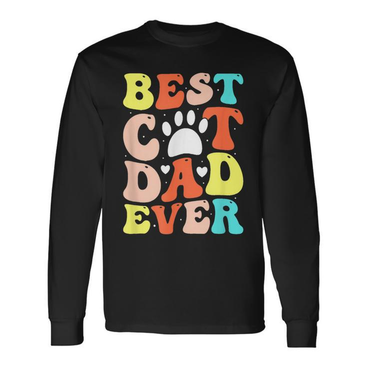 Best Cat Dad Ever Happy Father Day 2023 Retro Groovy Cat Paw Long Sleeve T-Shirt T-Shirt