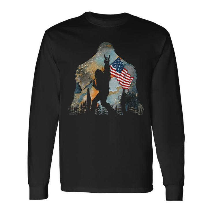 Bigfoot Camping Watercolor American Usa Flag Patriotic Patriotic Long Sleeve T-Shirt T-Shirt