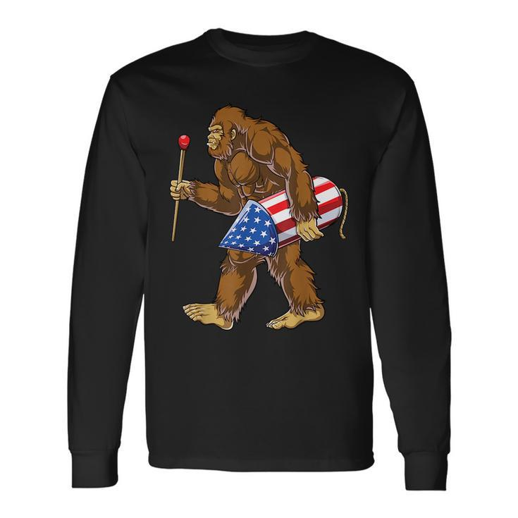 Bigfoot Fireworks 4Th Of July Men Sasquatch American Flag Us Long Sleeve T-Shirt
