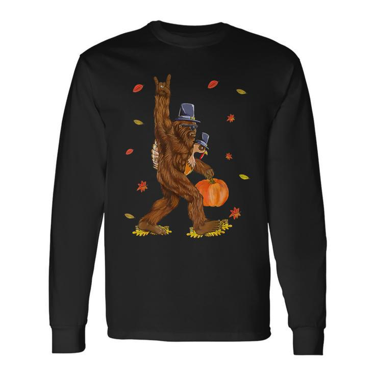 Bigfoot Pilgrim Turkey Pumpkin Thanksgiving Sasquatch Men Long Sleeve T-Shirt