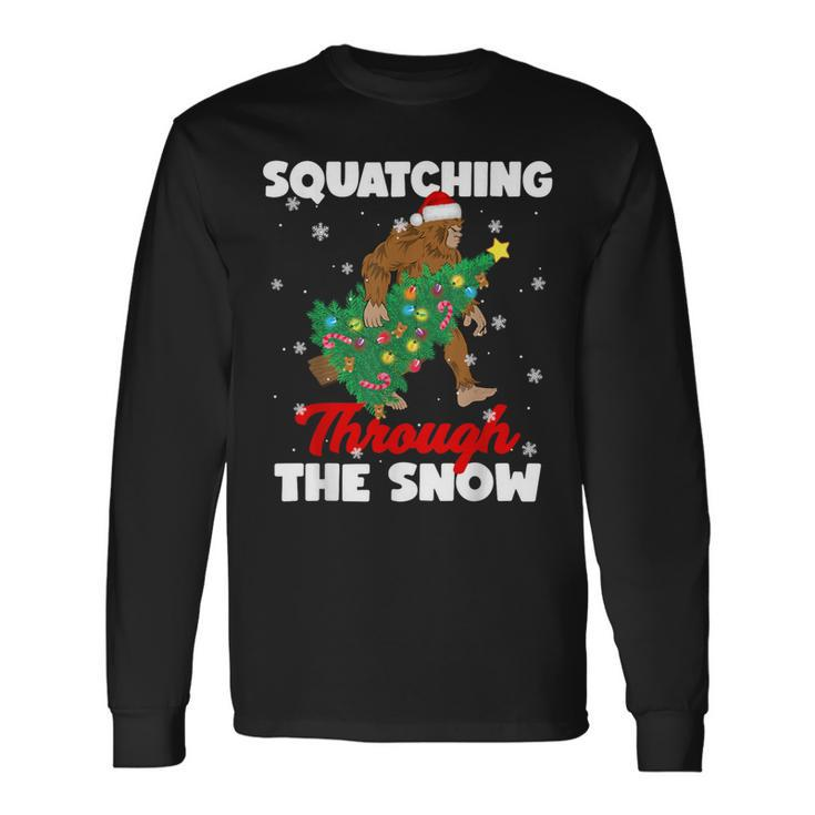 Bigfoot Squatching Through The Snow Sasquatch Christmas Xmas Long Sleeve T-Shirt