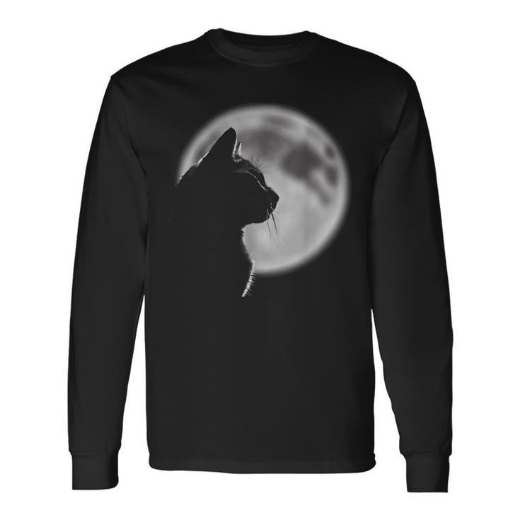 Black Cat In Front Of The Full Moon Moon Long Sleeve T-Shirt T-Shirt