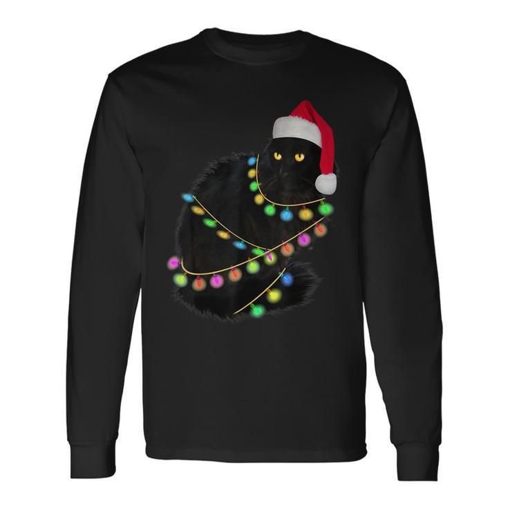 Black Cat Santa Hat Light Tree Ugly Christmas Sweater Long Sleeve T-Shirt