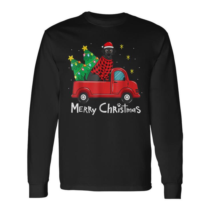 Black Labrador Christmas Truck Tree Red Plaid Dog Lab Xmas Long Sleeve T-Shirt
