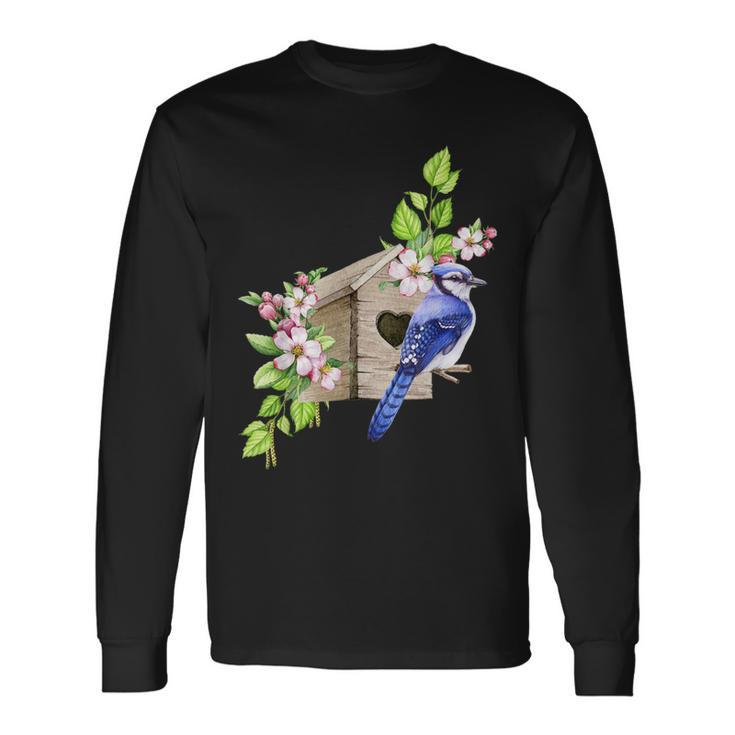 Blue Jay Bird Birdhouse And Pink Blossoms Bird Watching Long Sleeve T-Shirt Gifts ideas