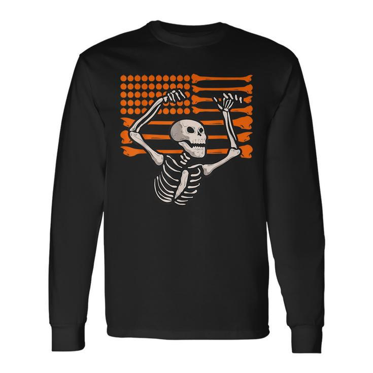 Bones And Pumpkins American Flag Skeleton Halloween Costume Halloween Long Sleeve T-Shirt T-Shirt