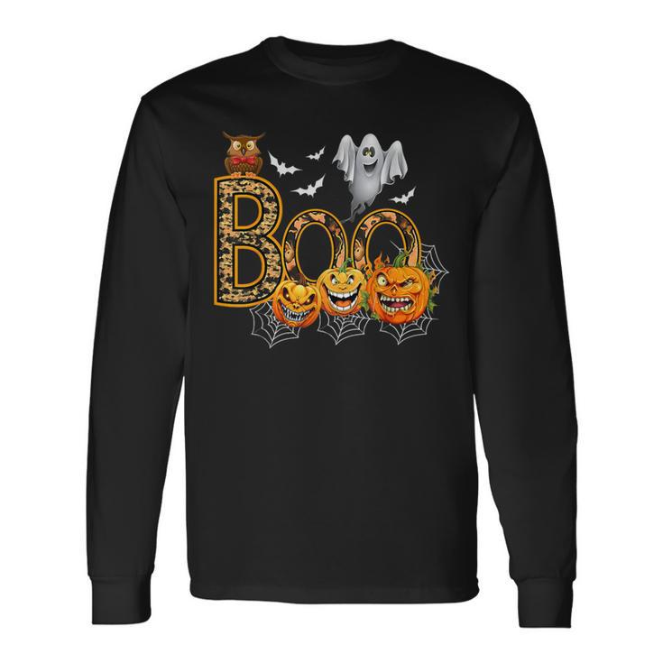 Boo Creepy Owl Pumpkin Ghost Halloween Costume Long Sleeve T-Shirt