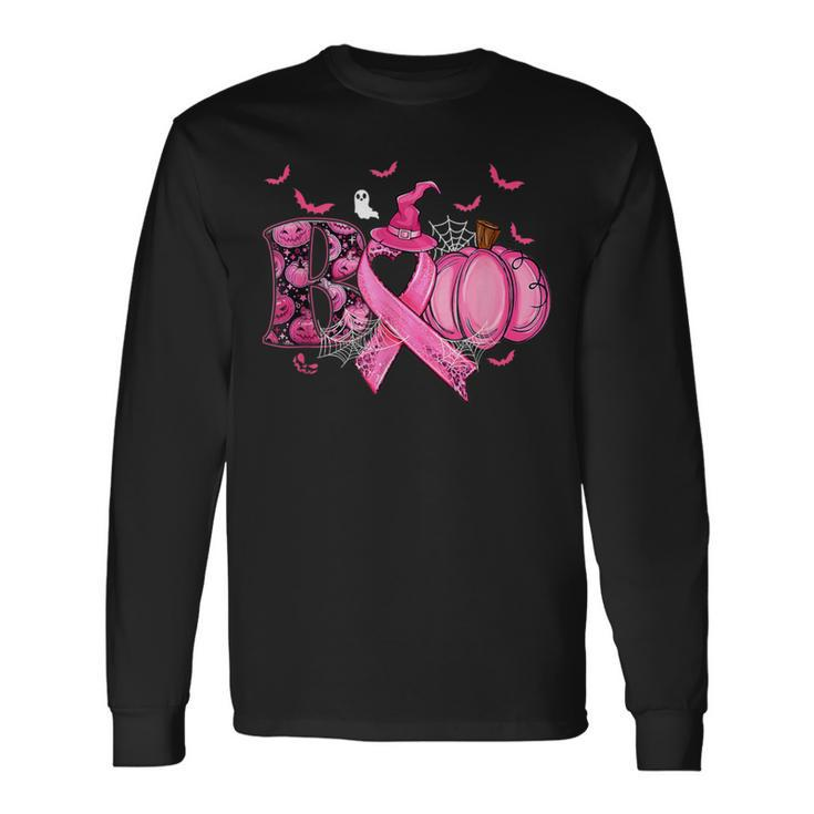Boo Pumpkin Pink Ribbon Witch Breast Cancer Ghost Halloween Long Sleeve T-Shirt