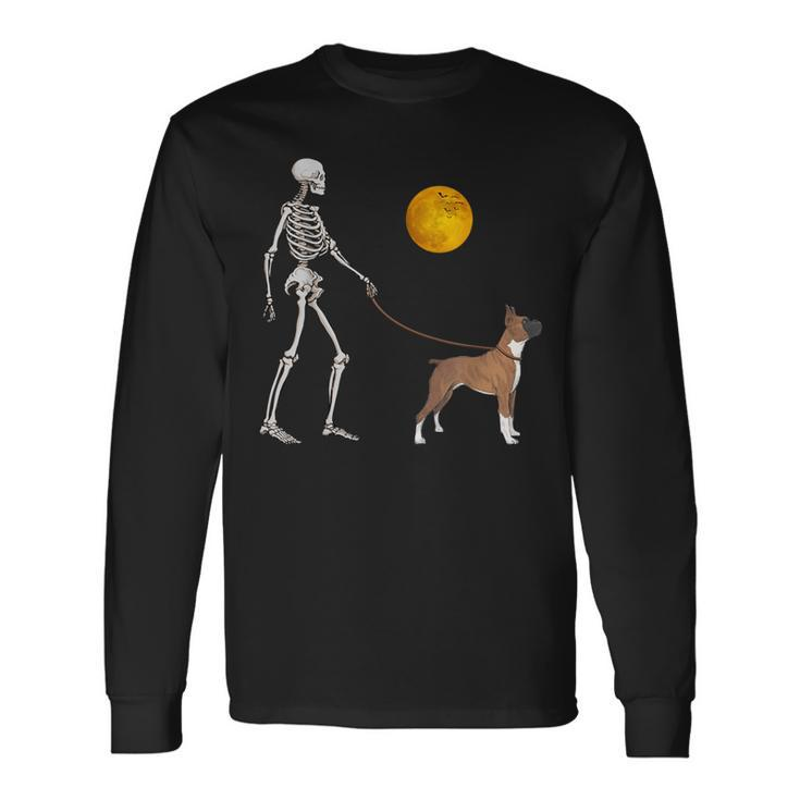 Boxer Skeleton Dog Walking Halloween Costume Long Sleeve T-Shirt Gifts ideas