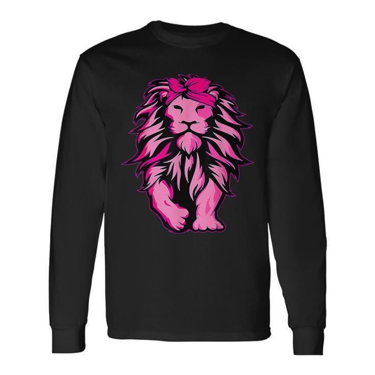 Breast Cancer Awareness Lion Pink Bandana Survivor Warrior Long Sleeve T-Shirt Gifts ideas