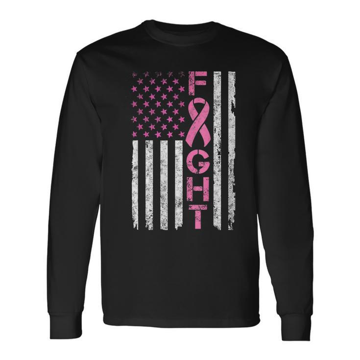 Breast Cancer Awareness T American Flag Distressed Long Sleeve T-Shirt