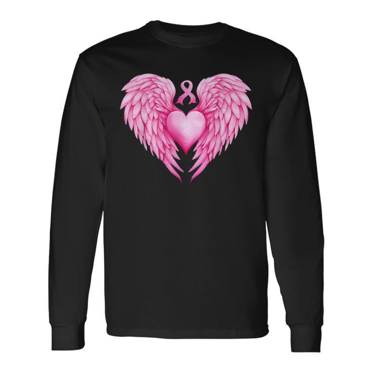 Breast Cancer Awareness Warrior Pink Ribbon Heart Wings Long Sleeve T-Shirt