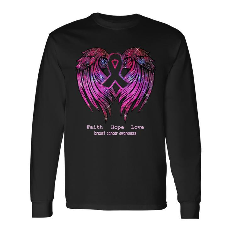 Breast Cancer Faith Hope Love Wings Awareness Back Long Sleeve T-Shirt