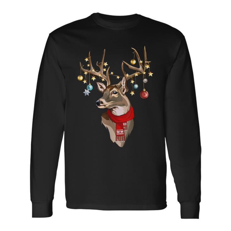 Buck Deer Antlers Christmas Lights Scarf Xmas Party Long Sleeve T-Shirt