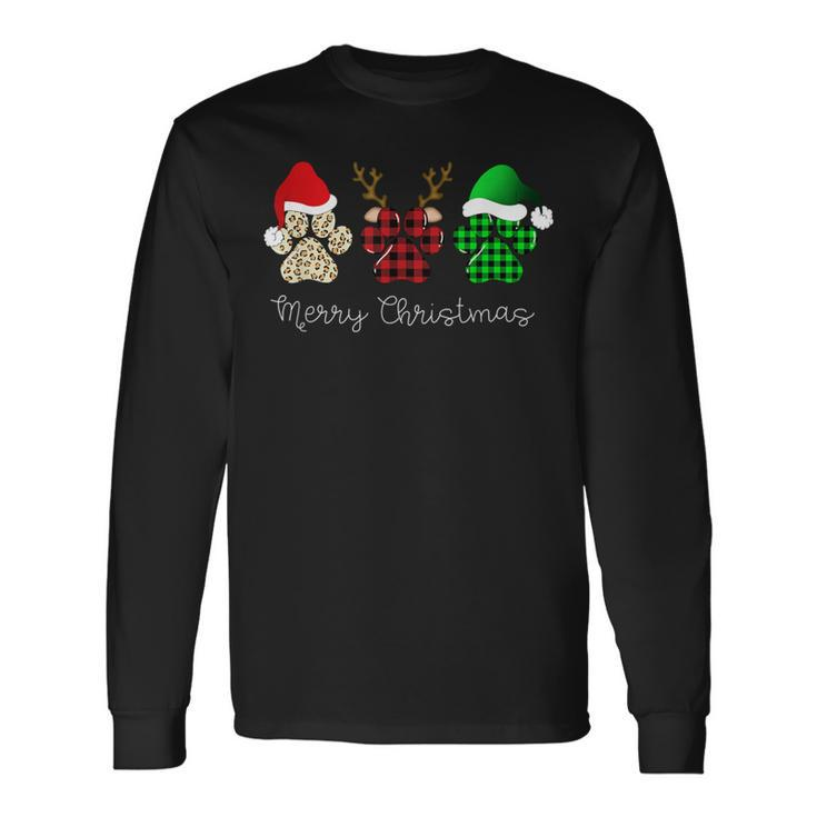 Buffalo Plaid Print Dog Paw Dog Lover Merry Christmas Party Long Sleeve T-Shirt
