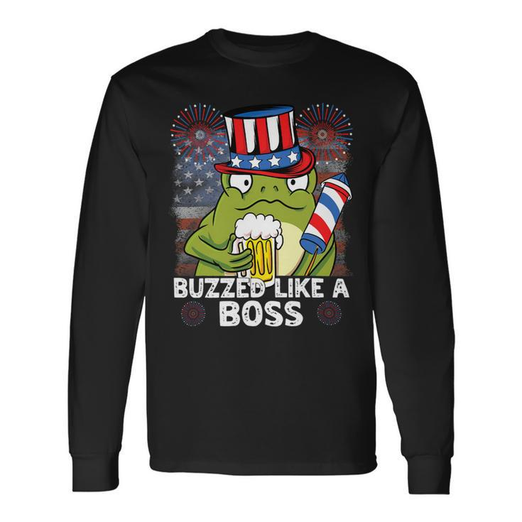 Buzzed Like A Boss 4Th Of July American Flag Frog Men Women Long Sleeve T-Shirt
