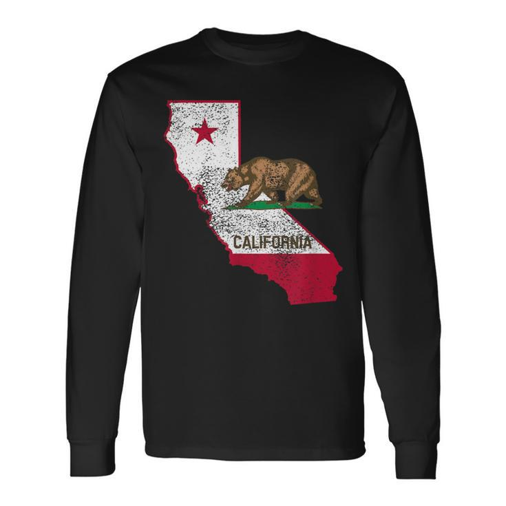 California State Flag And Outline Distressed Long Sleeve T-Shirt