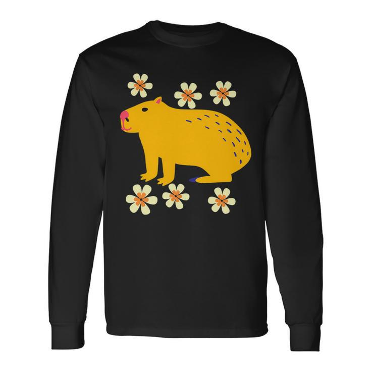 Capybara Flower Lovers Animal Pet Cute Cartoon Comic Long Sleeve T-Shirt