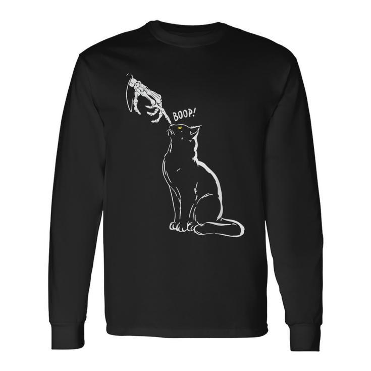 Cat Black Lover Skeleton Hand Boop Halloween Long Sleeve T-Shirt