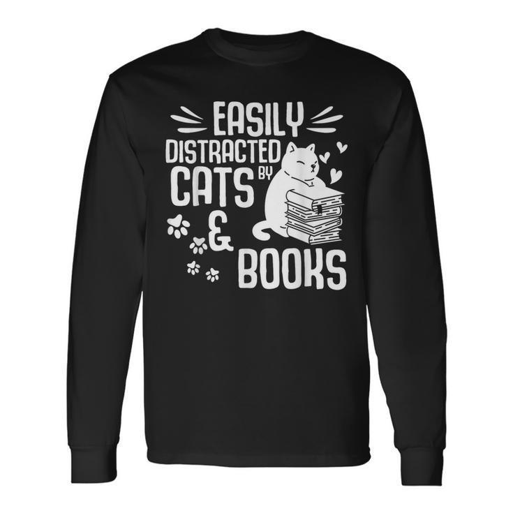 Cat Book Easily Distracted By Cats And Books Girls Boys Long Sleeve T-Shirt T-Shirt