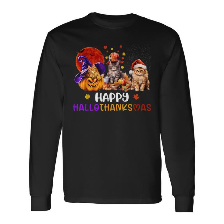 Cat Halloween Christmas Happy Hallothanksmas Thanksgiving Long Sleeve T-Shirt